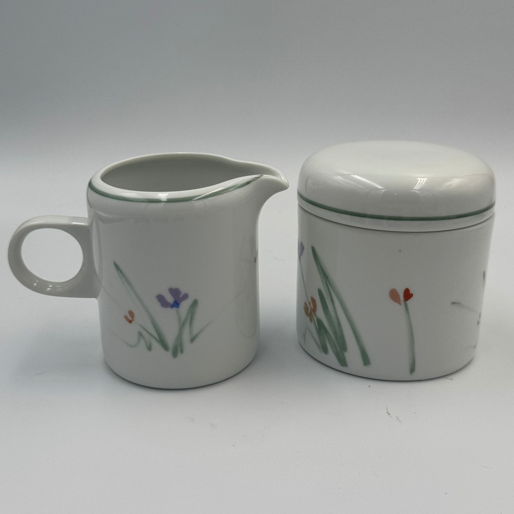 Vintage‎ Mikasa Sketch Book Floral Ceramic Cream & Sugar Bowl Set White